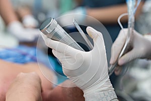 Doctor apply laryngoscope for endotracheal intubation