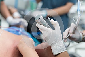 Doctor apply laryngoscope for endotracheal intubation