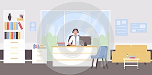 Doctor appointment flat vector illustration, cartoon physician woman character sitting at doctoral medical workplace photo