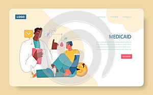 Doctor assures a concerned patient about Medicaid coverage. Flat vector illustration.