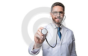 doctor auscultate isolated on white. doctor in studio. doctor on background. photo