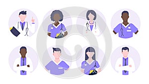 Doctor avatar character standing in the circle flat style design vector illustration.