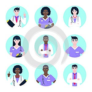 Doctor avatar character standing in the circle flat style design vector illustration set