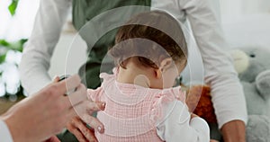 Doctor, baby and mother during pediatrician healthcare, consultation and care with stethoscope to check breathing and