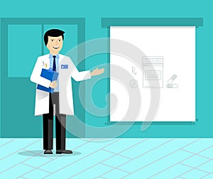 Doctor with banner or projection screen giving medical presentation. Doctor on presentation.