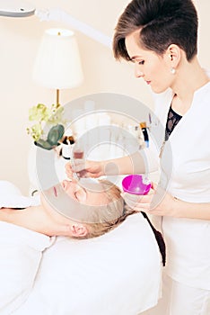 The doctor beautician applies the cream to the patient`s face with a little dog. young girl caring for skin in the spa salon.