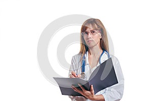 The doctor with the black folder writes the clinical record