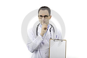 Doctor with blank clipboard making silence gesture. Medical confidentiality