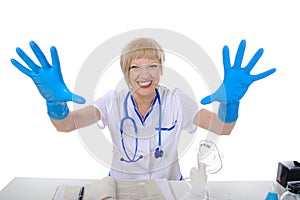 Doctor in blue gloves. photo
