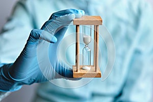 A doctor in blue medical gloves holds an hourglass - a symbol of time to heal and cure