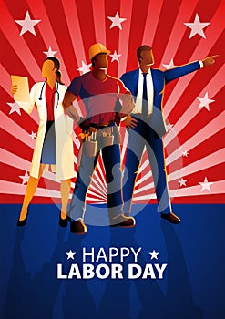 Doctor, businessman, and craftsman proudly stands against the backdrop of the red light burst and stars to represent American