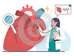 Doctor cardiologist examining human heart with stethoscope, vector illustration. Cardiology, medicine and heart health.