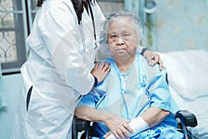 Doctor care, help and support senior or elderly old lady woman patient in wheelchair at hospital ward