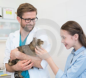 Doctor carrying while owner stroking cat at clinic