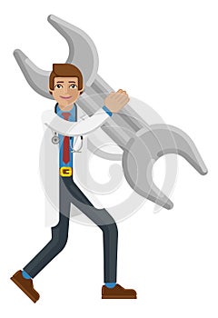 Doctor Man Holding Spanner Wrench Concept Mascot