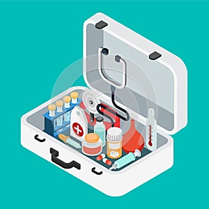 Doctor case first aid kit pill stethoscope flat isometric vector