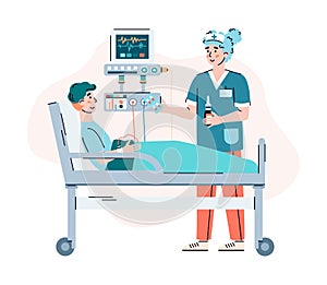 Doctor character advising patient in hospital cartoon vector illustration.