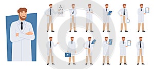 Doctor character in different poses. Doctors checklist, eye test and health care professional, radiologist and therapist