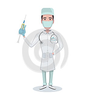 Doctor character holding a syringe in hand ready for injection. Medic in a medical mask. Vector flat cartoon design