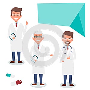 Doctor character man set with test results and stethoscope. Vector Illustration