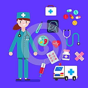 Doctor character women design with medical icons set. Design elements for infographic. Vector illustration