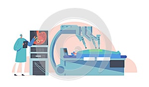 Doctor Characters Distantly Control Cyborg Arm for Patient Operation with Medical Robot. Surgical Intervention in Body