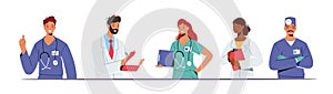 Doctor Characters in Medical Robe in Row. Hospital Healthcare Staff with Stethoscope, Medic Box Notebook, Physician