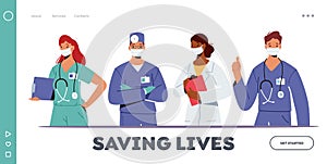 Doctor Characters in Medical Robe in Row Landing Page Template. Hospital Healthcare Staff with Stethoscope, Medics