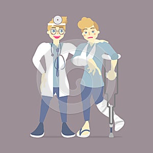 Doctor checking, caring for patient with cast on broken leg and arm bone holding crutch, walking aid, health care concept