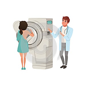 Doctor checking female patient breast with mammogram, healthcare and medicine concept vector Illustration on a white