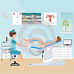 Doctor checking patient on Gynecological chair in gynecological photo