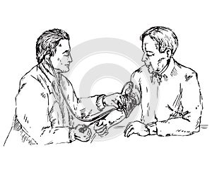 The doctor checks the blood pressure of an elderly patient, hand drawn doodle, sketch