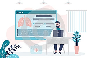 Doctor checks lung condition report on computer. Pulmonologist examines respiratory system for disease. Concept of pulmonology and