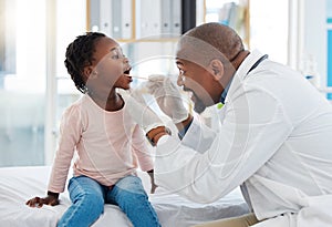 Doctor and child mouth or throat exam in healthcare hospital wellness room and medical consulting clinic. Medical expert
