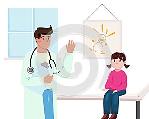 Doctor and the child in the room. Flat cartoon illustration with a girl having a check up by pediatrician.