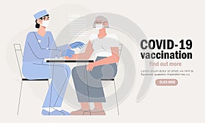 Doctor in clinic give coronavirus vaccine to elderly woman, Immunization of adults or senior citizens banner or poster.