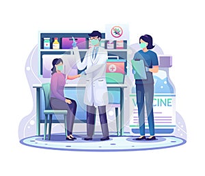 Doctor in a clinic giving Covid-19 coronavirus vaccine to a woman for immunity health concept vector illustration
