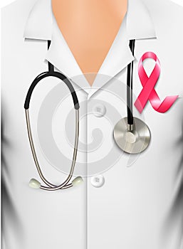 Doctor in a coat with a breast cancer awareness ribbon