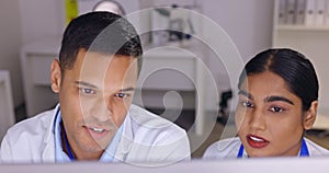 Doctor, collaboration and teamwork in healthcare research on computer for science or breakthrough at laboratory. Man