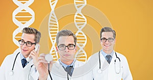 Doctor collage standing with DNA strands against yellow background