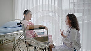 Doctor comforting patient in wheelchair due to accident, health concept ,health insurance , life insurance, accident insurance