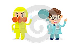 Doctor Comic Man in Uniform with Name Badge Showing Ok Hand Gesture and Wearing Protective Garment Vector Set