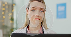 Doctor, computer and surprise face from results of patient exam for healthcare, medical test and scientific analysis