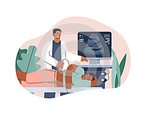 Doctor conducts an ultrasound examination flat vector illustration isolated.