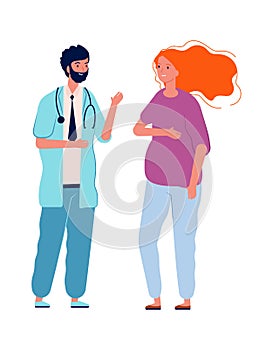 Doctor consulting young woman. Pregnant female talk with man nurse. Isolated flat hospital staff and patient vector