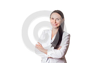 Doctor cosmetician. Caucasian friendly smiling woman in medical gown, half-length portrait, isolated on white.