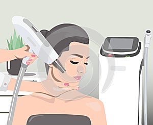 The doctor-cosmetologist makes the ultrasound cleaning procedure of the facial skin of a beautiful, young woman in a beauty salon