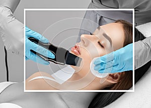 The doctor-cosmetologist makes the ultrasound cleaning procedure of the facial skin of a beautiful, young woman in a beauty salon