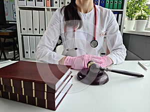 Doctor in courthouse meets with lawyer closeup