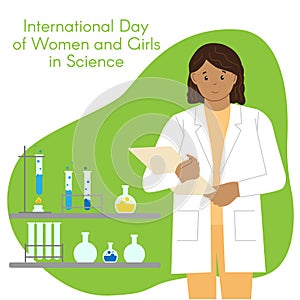 Dark-skinned girl chemist with a folder. International Day of Women and Girls in Science. Woman scientist. Flat style. photo
